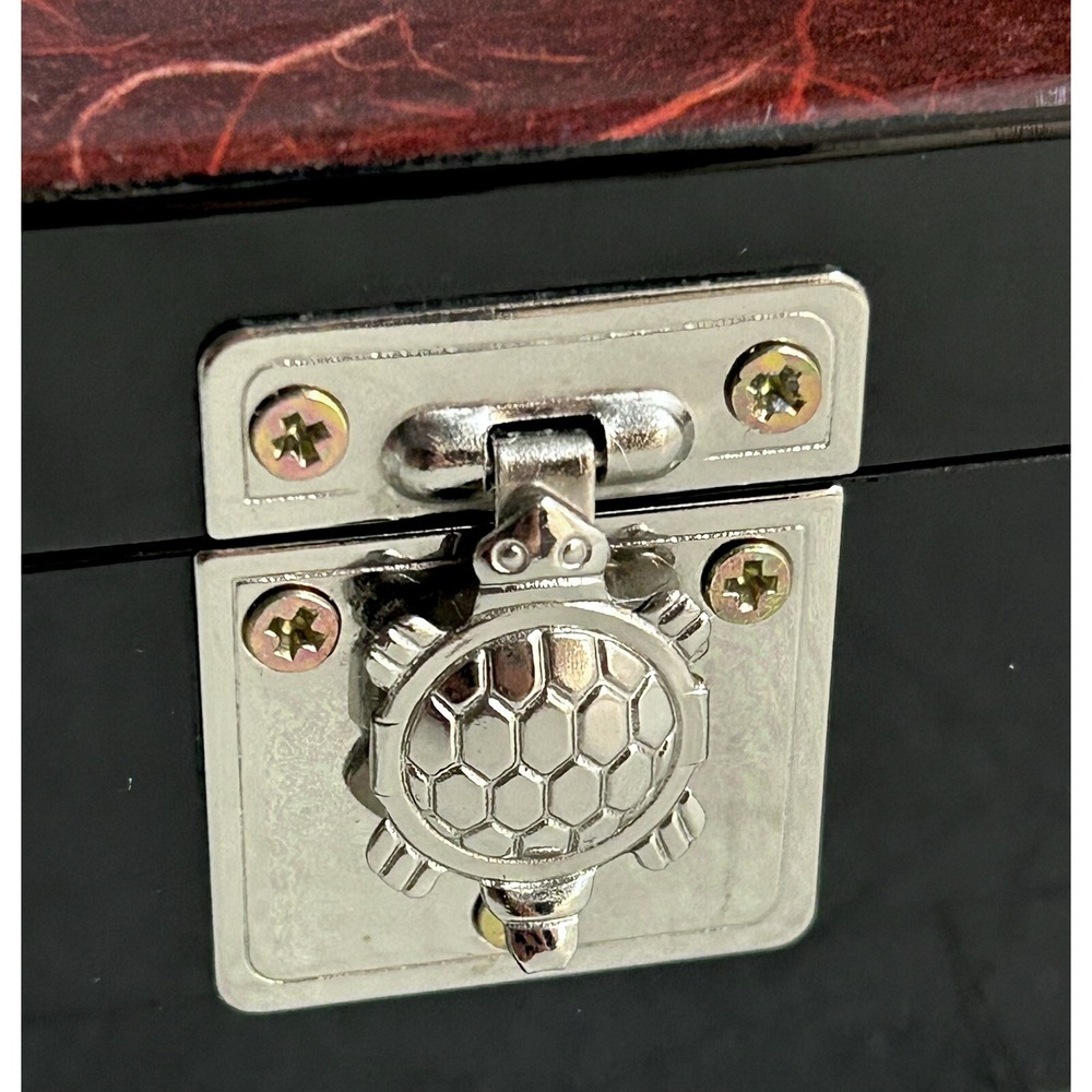 Trinket Box Lacquer Wooden Box Mother of Pearl‎ Inlay Asian Mirror Turtle Latch - Picture 6 of 13
